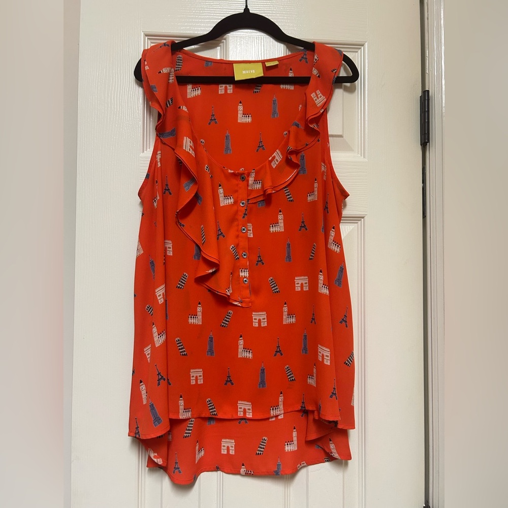 Maeve Ruffled Sleeveless Blouse in orange with unique Prints